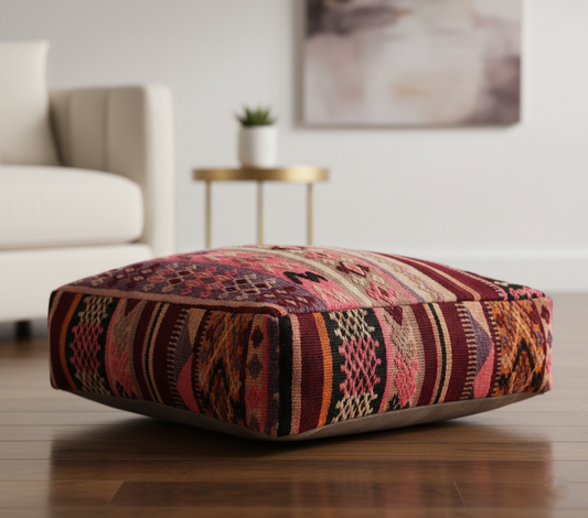 close-up view of vintage Moroccan kilim pouf burgundy rose multi on  parquet floor 