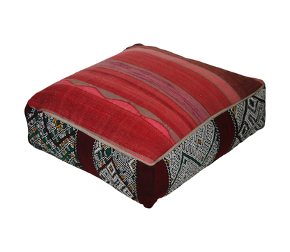 Back view of vintage Moroccan kilim pouf burgundy multi with zipper closure 