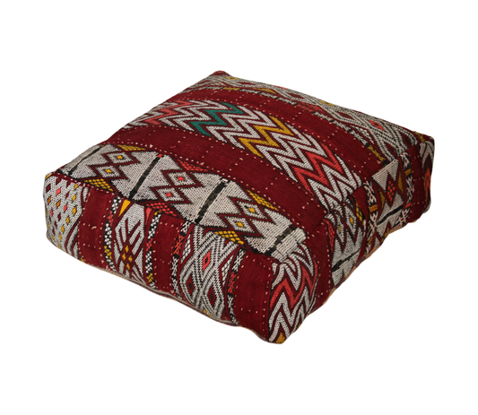Front view of vintage Moroccan kilim pouf burgundy geometric 60x60 cm 