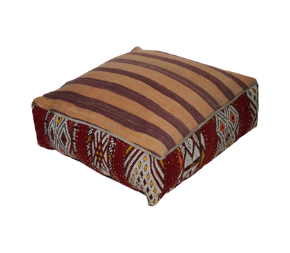 Back view of vintage Moroccan kilim pouf burgundy geometric with zipper closure 
