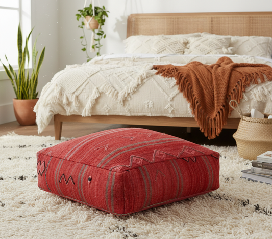 view of vintage Moroccan kilim pouf coral red in shabby chic bedroom