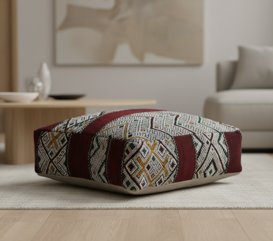 close-up view of vintage Moroccan kilim pouf deep red tribal