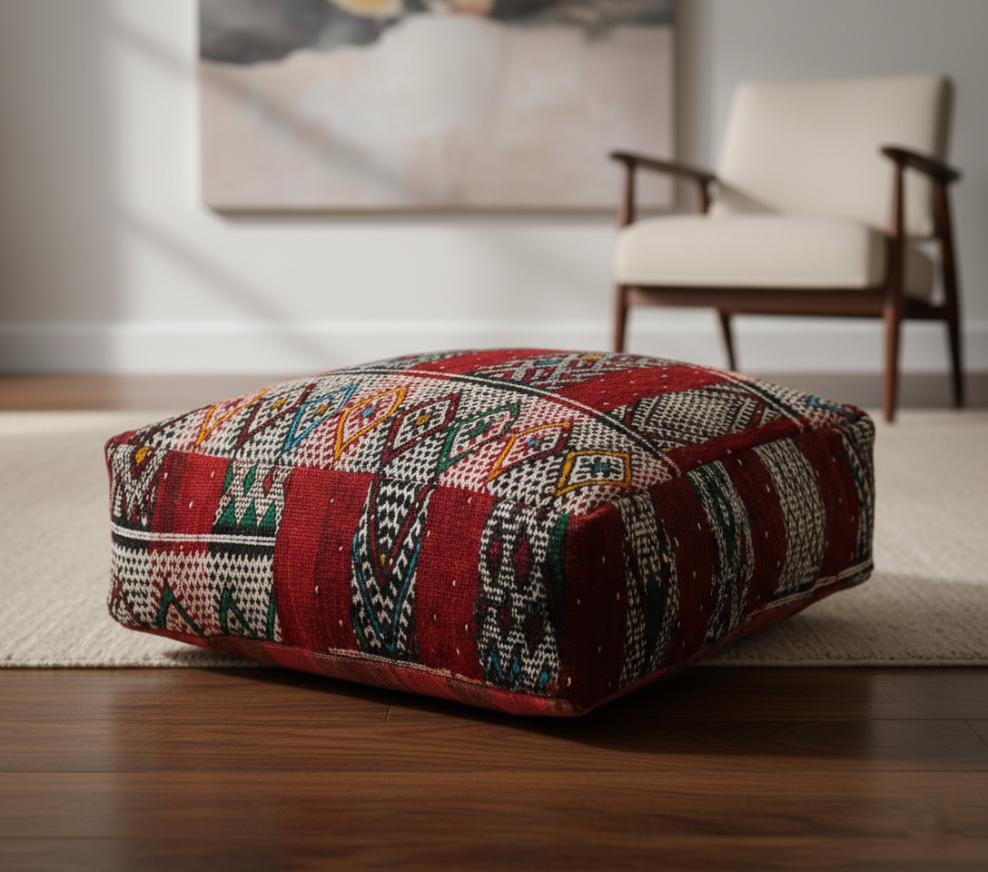close-up view of vintage Moroccan kilim pouf deep red tribal in scandinavian living room