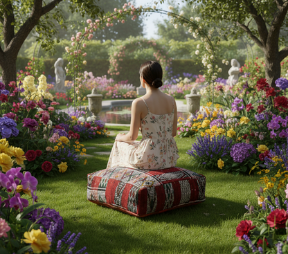 view of vintage Moroccan kilim pouf deep red tribal in garden used as seating ottoman
