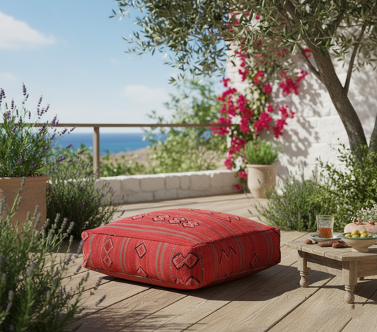 view of vintage Moroccan kilim pouf coral red on outdoor terrace