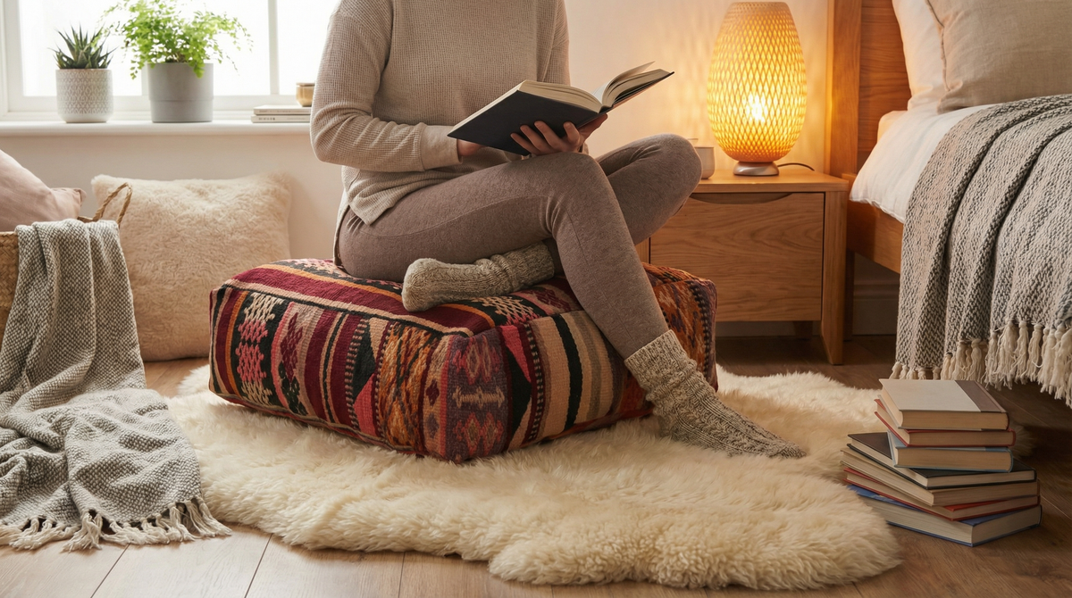 view of vintage Moroccan burgundy multi kilim pouf used for seating in shabby chic bedroom