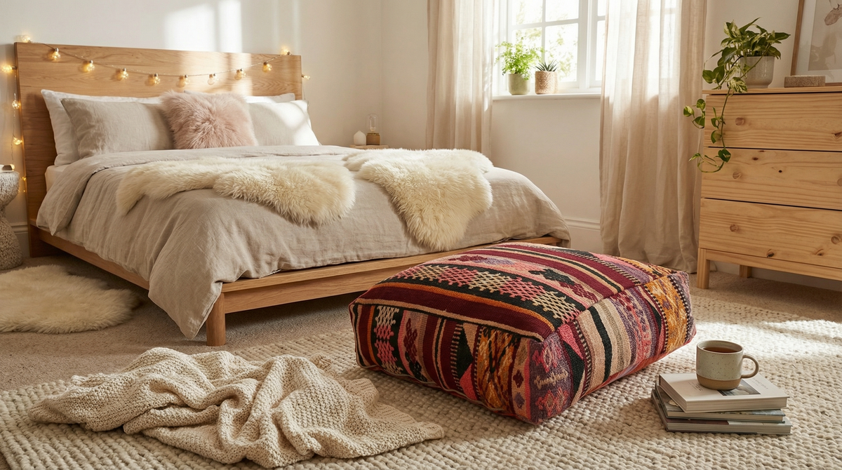 view of vintage Moroccan burgundy multi kilim pouf in boho chic bedroom