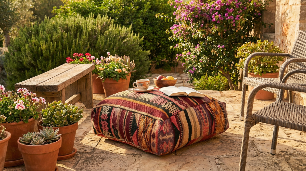 view of vintage Moroccan burgundy multi kilim pouf used as coffee table in garden