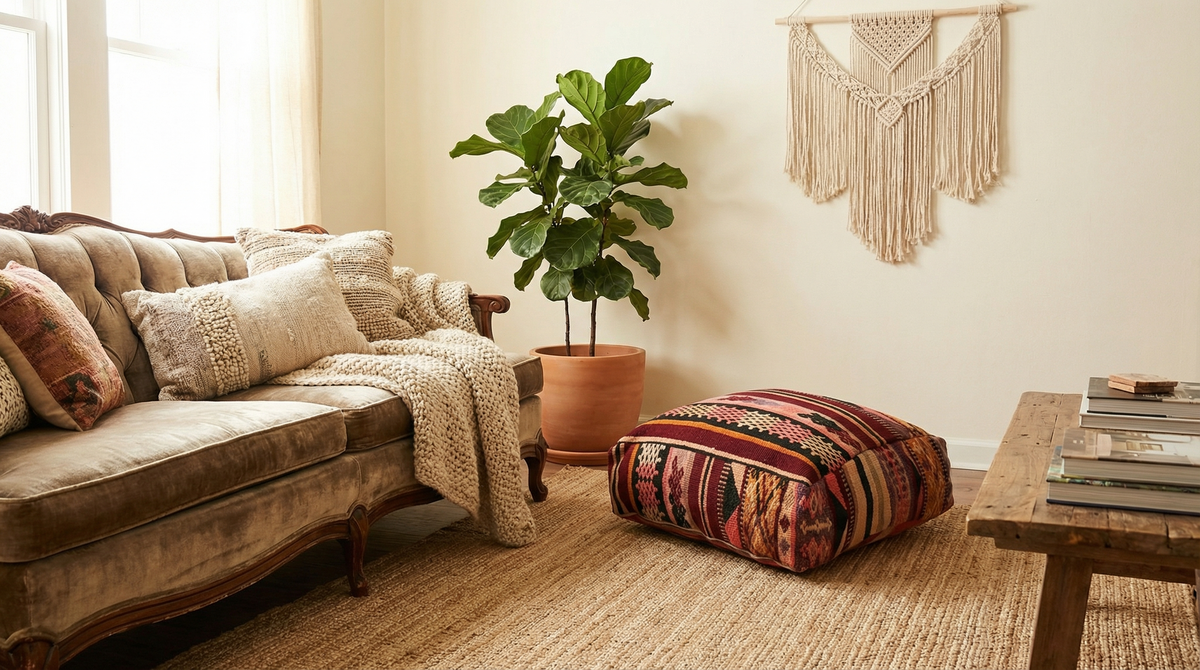view of vintage Moroccan burgundy multi kilim pouf in country living room