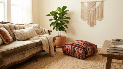 view of vintage Moroccan burgundy multi kilim pouf in country living room