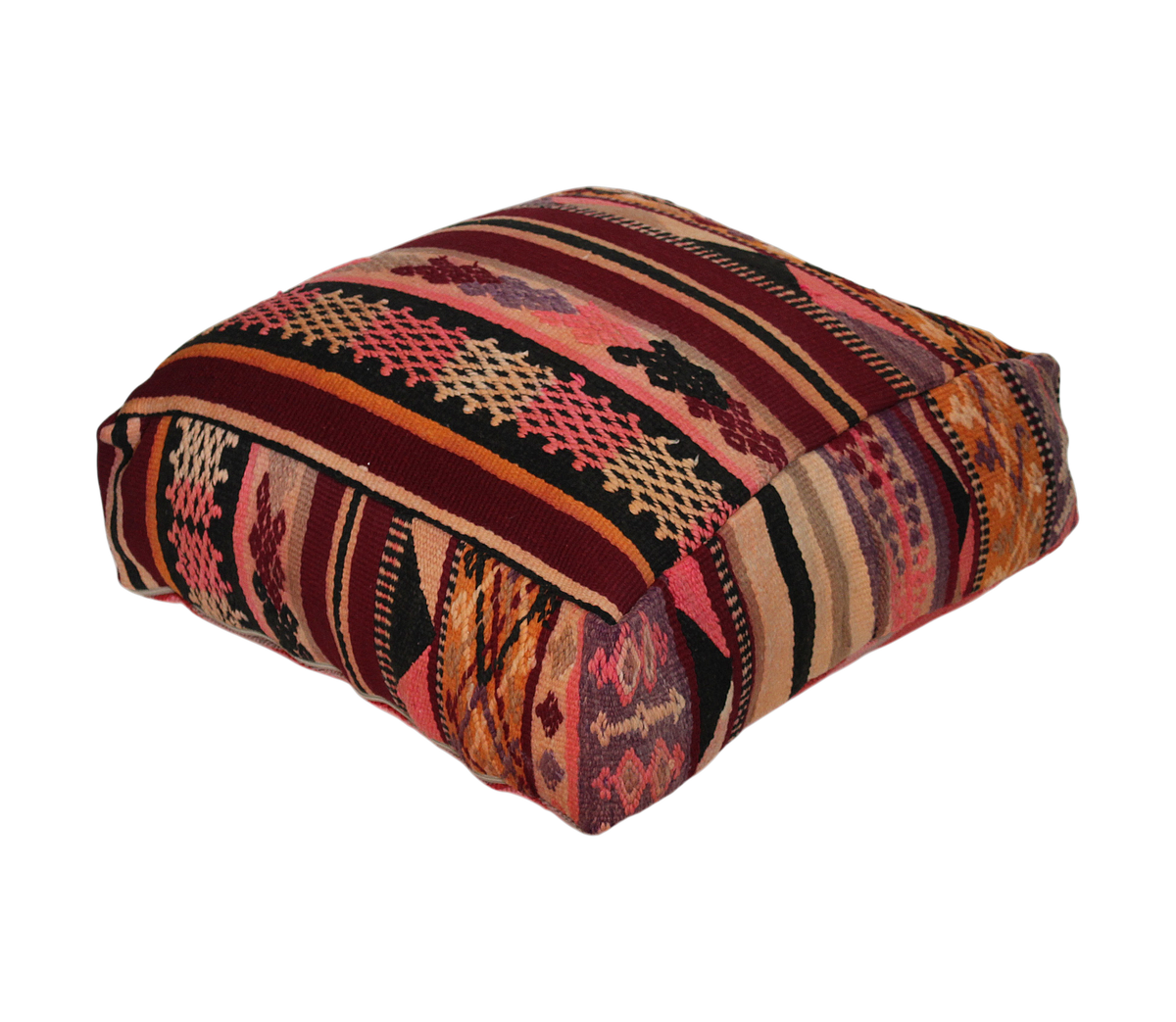 Front view of vintage Moroccan burgundy multi kilim pouf cover 60x60 cm 