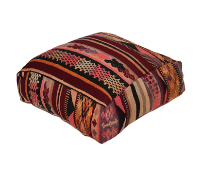 Front view of vintage Moroccan burgundy multi kilim pouf cover 60x60 cm 