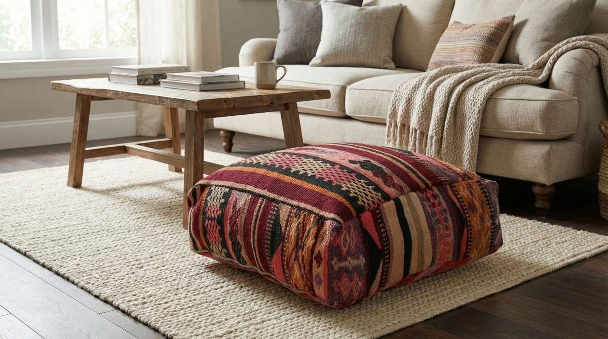 close-up view of vintage Moroccan burgundy multi kilim pouf cover in scandinavian living room