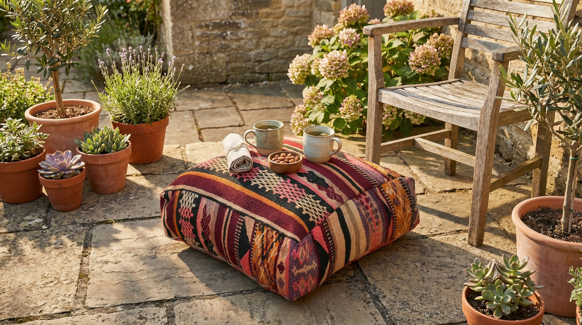 view of vintage Moroccan burgundy multi kilim pouf cover in garden used as coffee table