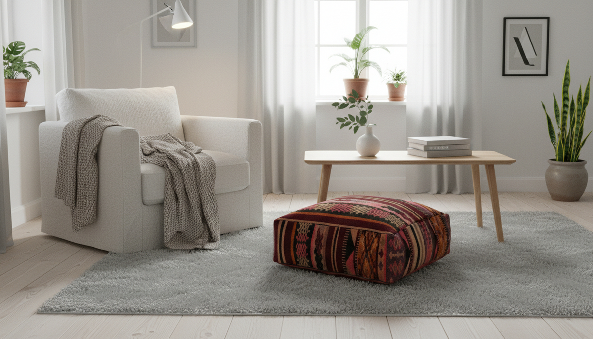 view of vintage Moroccan burgundy multi kilim pouf cover in scandinavian living room