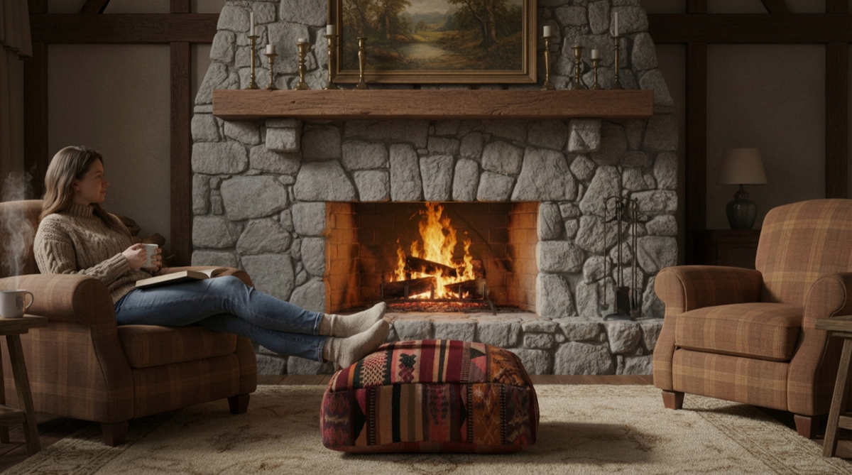view of vintage Moroccan  burgundy mutli kilim pouf cover used as footrest by fireplace in cozy living room