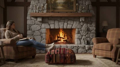 view of vintage Moroccan  burgundy mutli kilim pouf cover used as footrest by fireplace in cozy living room