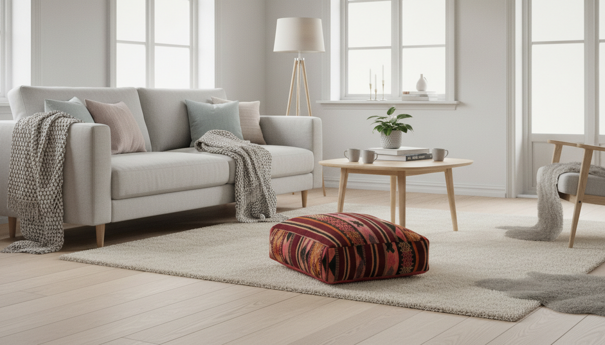 view of vintage Moroccan soft burgundy multi kilim pouf in scandinavian living room