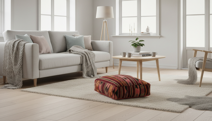 view of vintage Moroccan soft burgundy multi kilim pouf in scandinavian living room