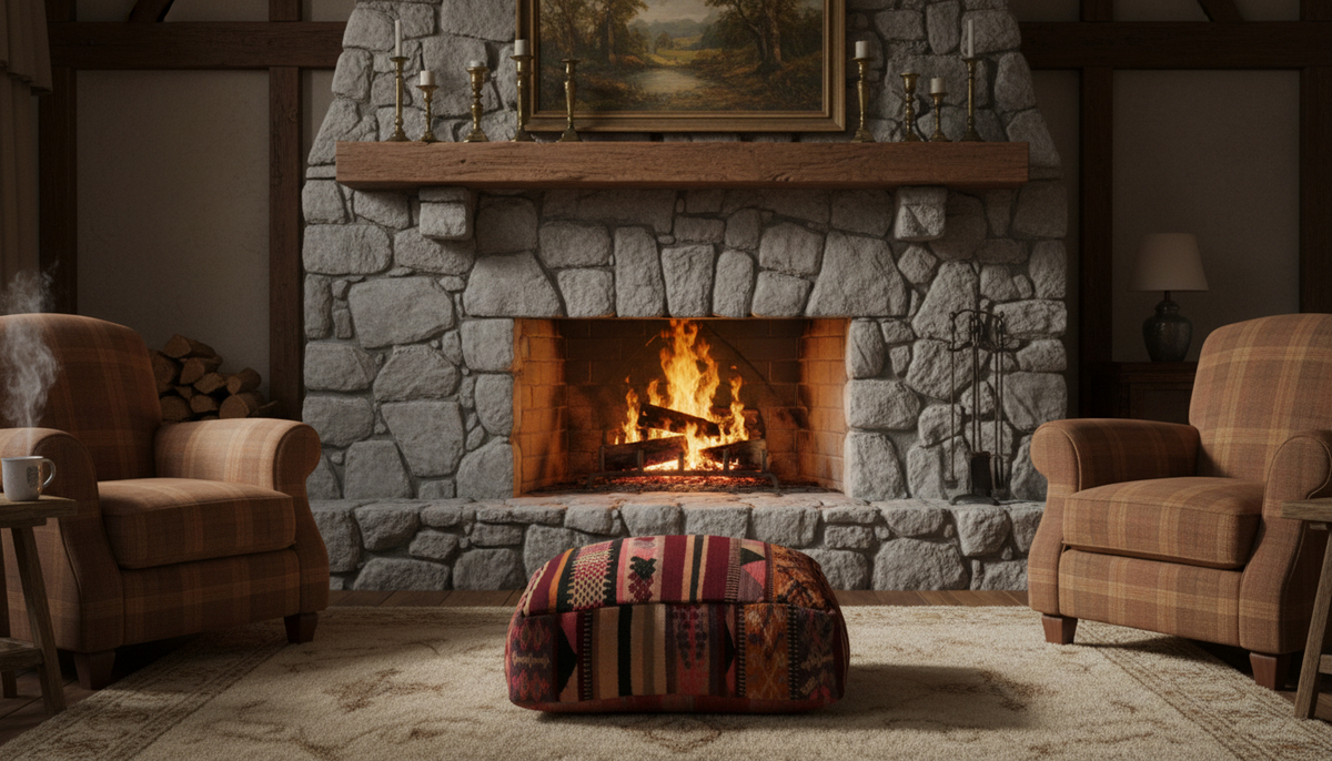 view of vintage Moroccan burgundy multi kilim pouf cover in front of fireplace