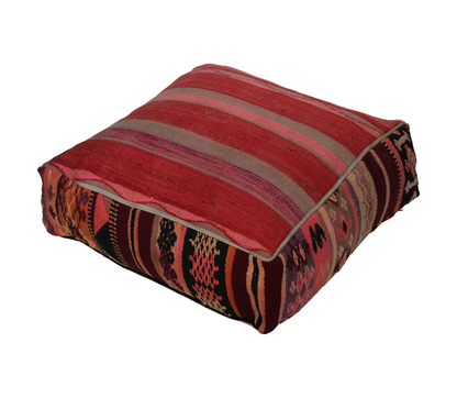 Back view of vintage Moroccan burgundy multi kilim pouf cover with zipper closure 