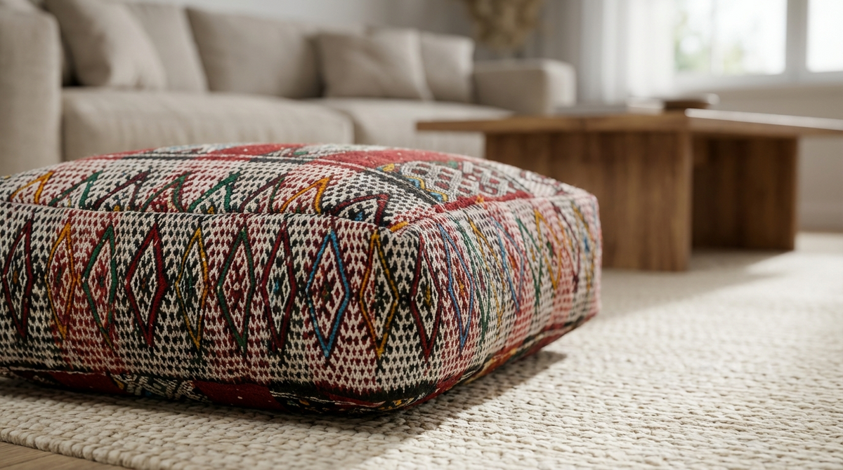 close up view of vintage Moroccan kilim pouf deep red tribal on rug