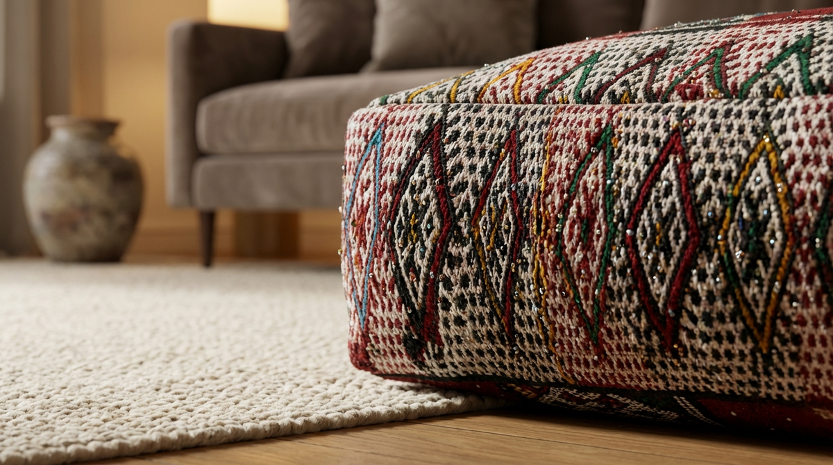 close-up view of vintage Moroccan kilim pouf deep red tribal in living room