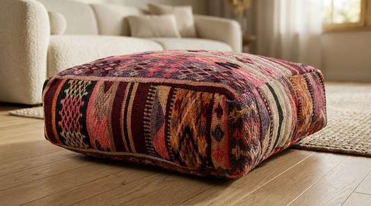 close-up view of vintage Moroccan kilim pouf burgundy multi  60x60 cm 