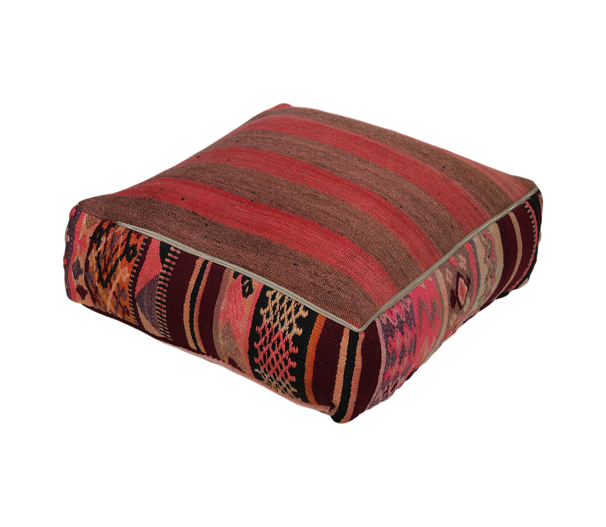 Back view of vintage Moroccan kilim pouf deep burgundy multi with zipper closure 