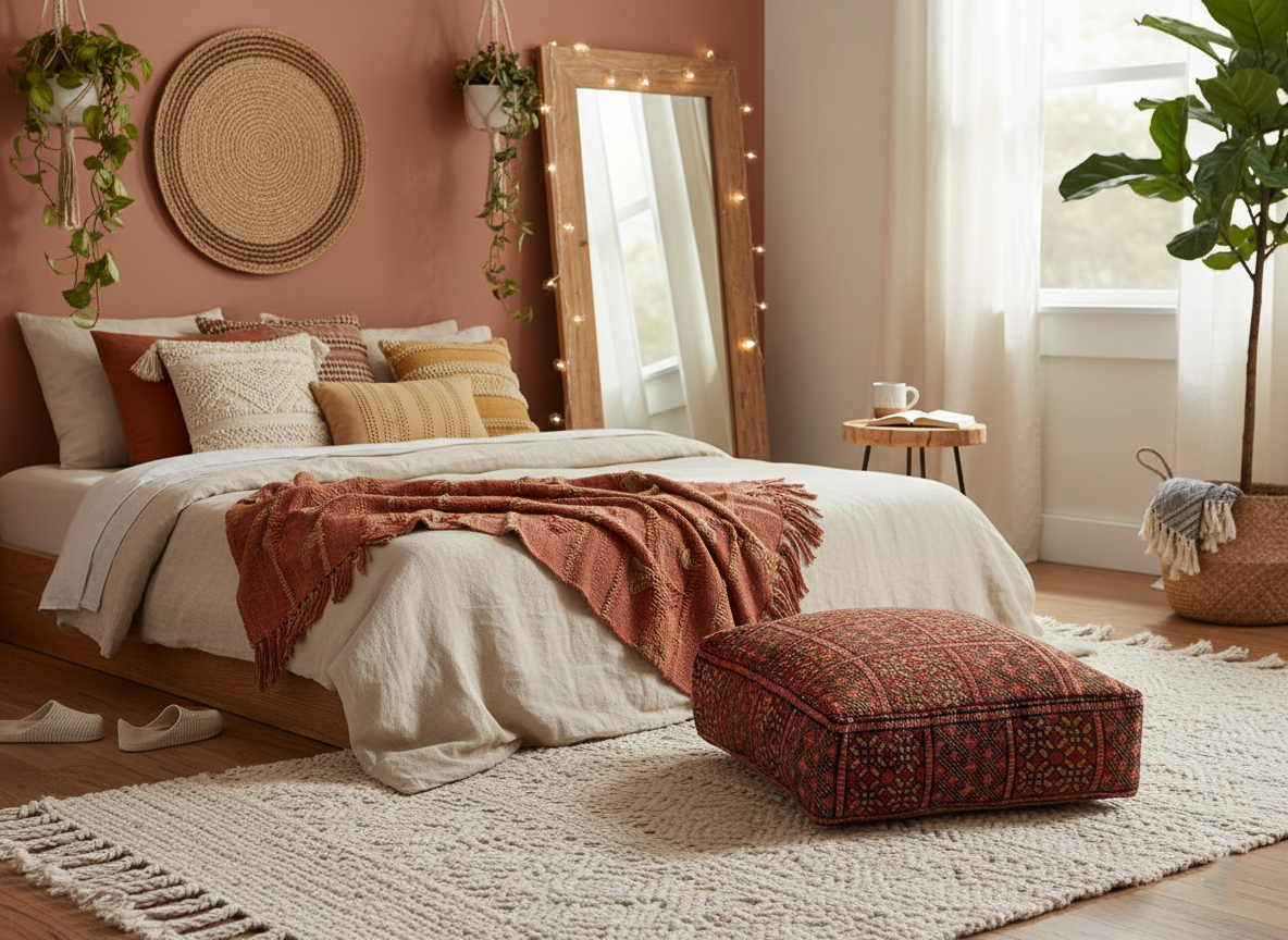 view of vintage Moroccan rug pouf terracotta red in shabby chic bedroom