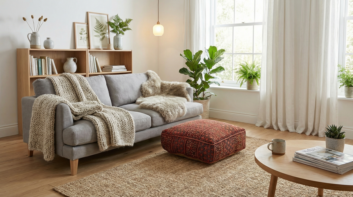 view of vintage Moroccan rug pouf terracotta red in boho chic living room