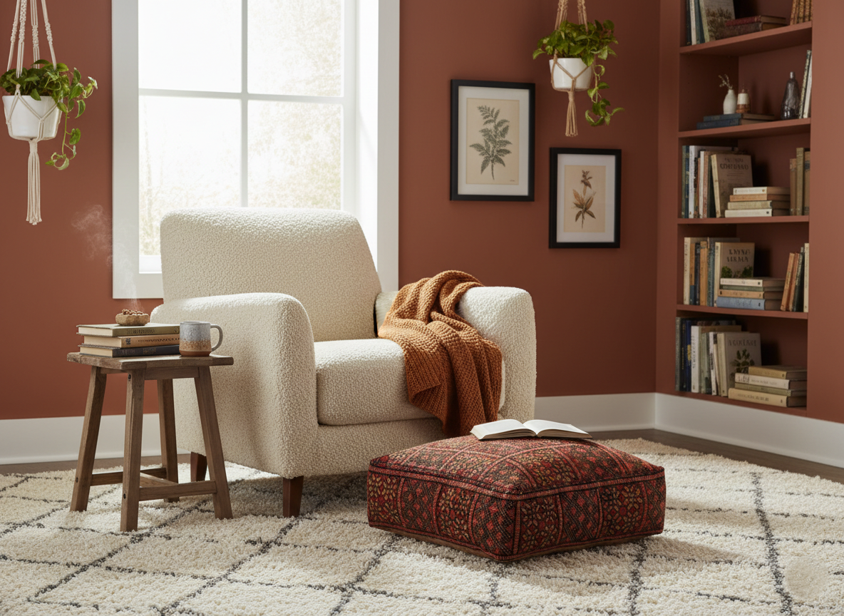 view of vintage Moroccan rug pouf terracotta red in reading room