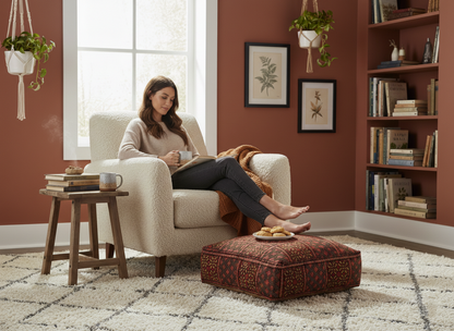 view of vintage Moroccan rug pouf terracotta red in living room used as a footstool