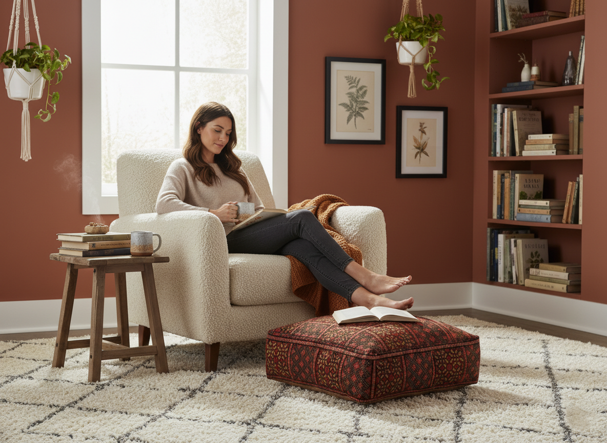 view of vintage Moroccan rug pouf terracotta red used as footrest in scandinavian reading room