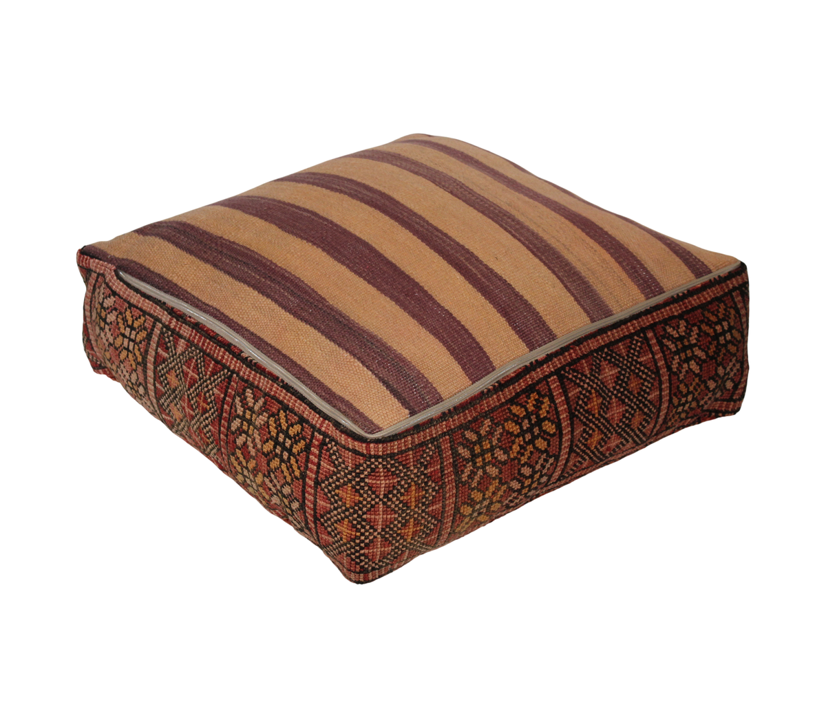 Back view of vintage Moroccan rug pouf terracotta red with zipper closure 