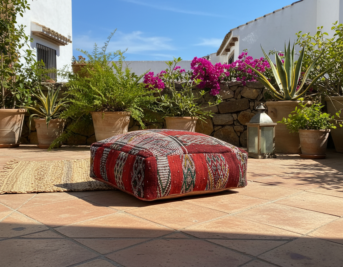 view of vintage Moroccan kilim pouf deep red tribal on outdoor patio