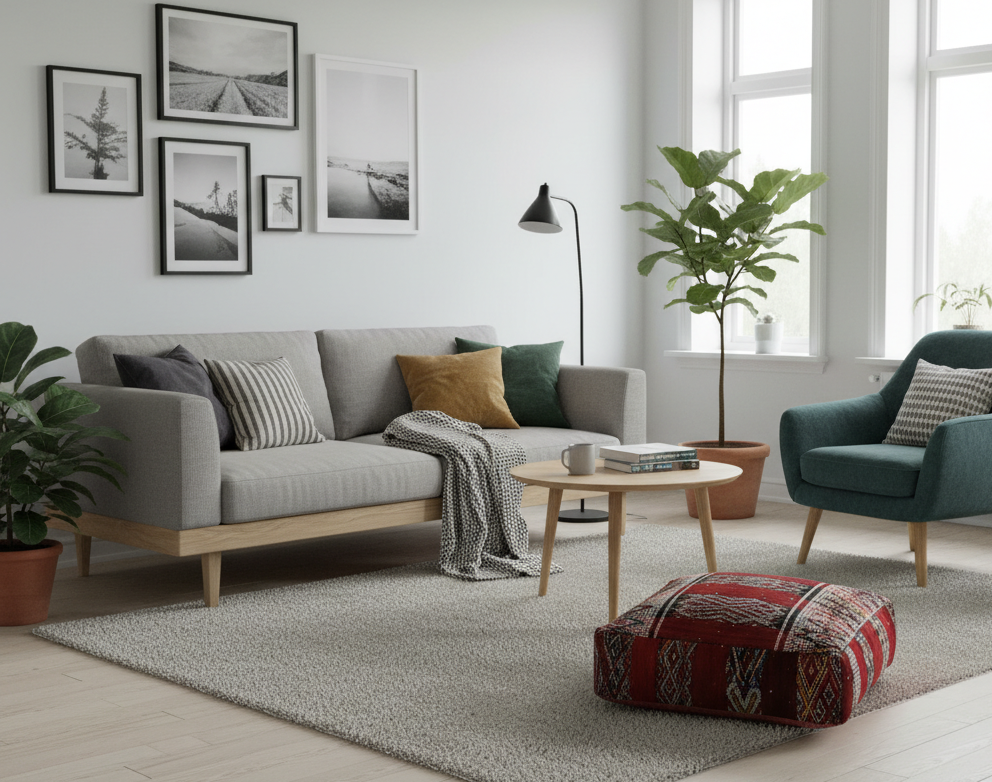view of vintage Moroccan kilim pouf deep red tribal in contemporary living room