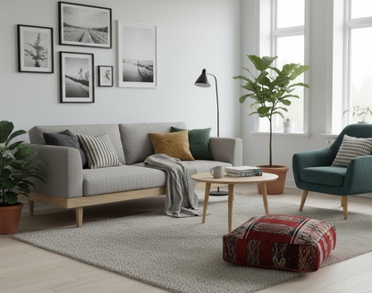 view of vintage Moroccan kilim pouf deep red tribal in contemporary living room