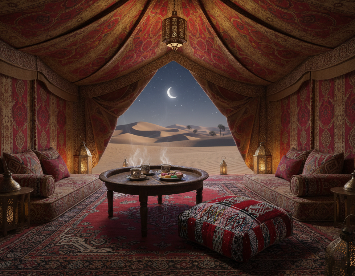 view of vintage Moroccan kilim pouf deep red tribal in tent in the desert