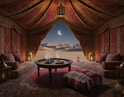 view of vintage Moroccan kilim pouf deep red tribal in tent in the desert