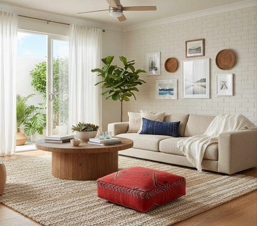view of vintage Moroccan kilim pouf red tribal in california style living room