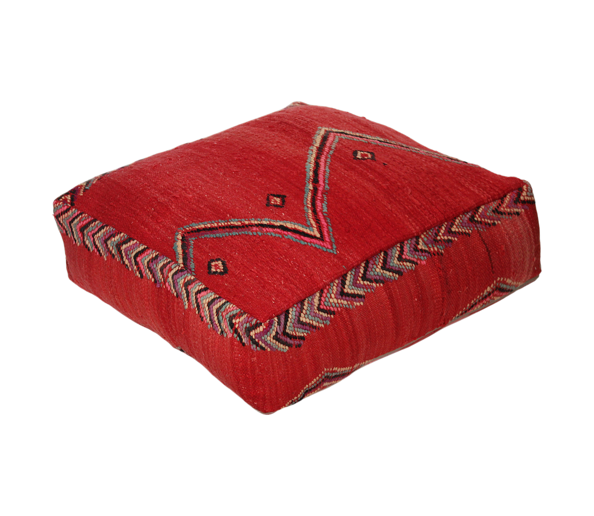 Front view of vintage Moroccan kilim pouf red tribal 60x60 cm 