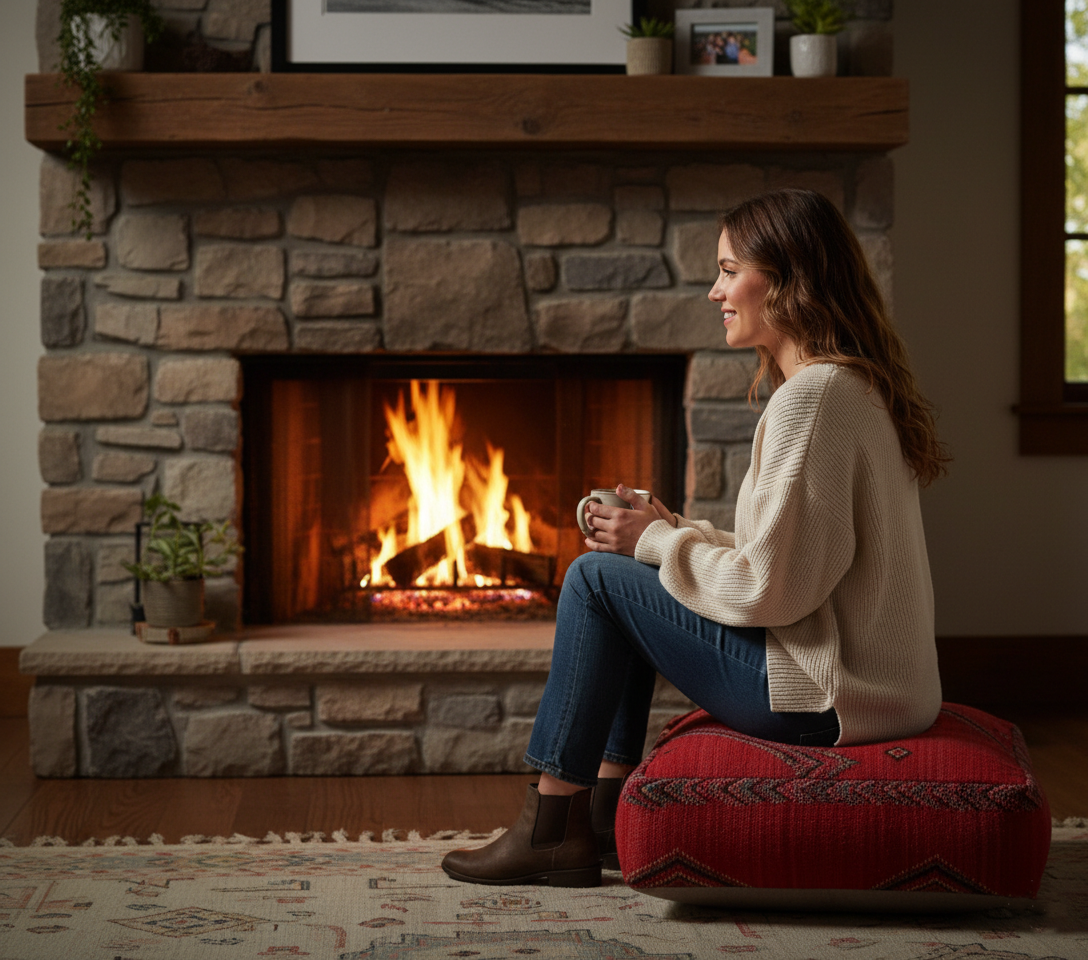 view of vintage Moroccan kilim pouf red tribal used as seating ottoman in front of country house fireplace
