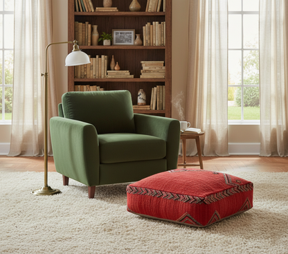 view of vintage Moroccan kilim pouf red tribal in contemporary reading room