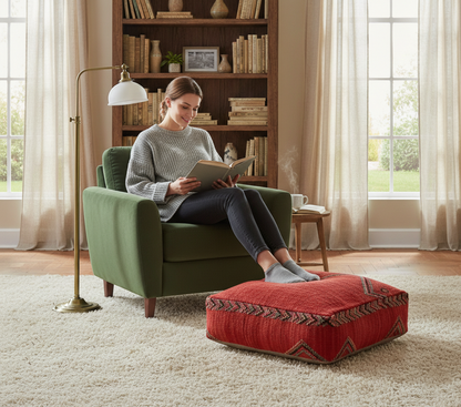 view of vintage Moroccan kilim pouf red tribal used as footrest in reading room