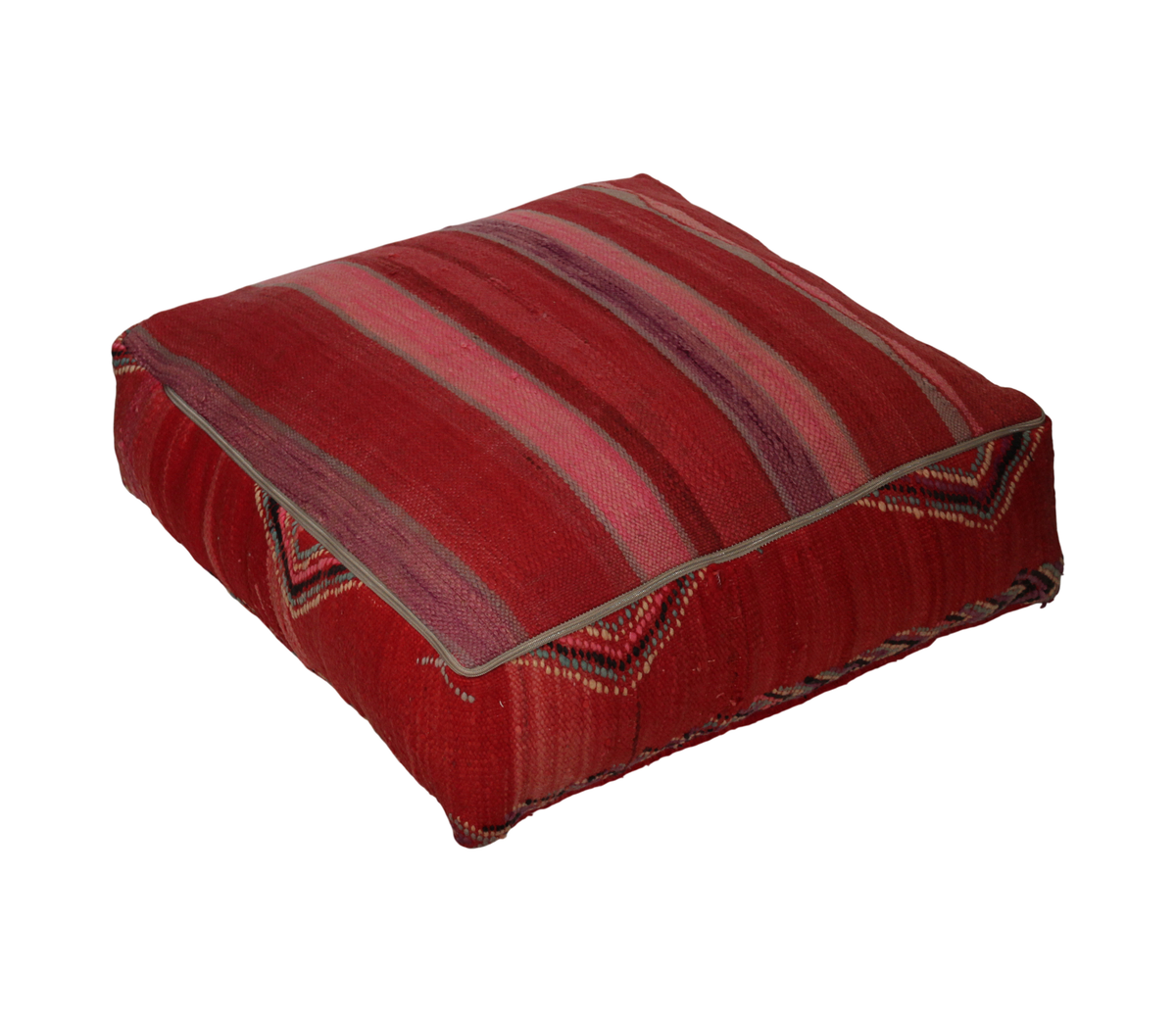 Back view of vintage Moroccan kilim pouf red tribal with zipper closure 