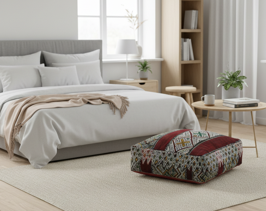 view of vintage Moroccan kilim pouf burgundy multi in contemporary bedroom