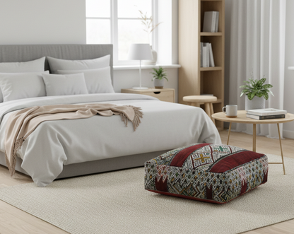 view of vintage Moroccan kilim pouf burgundy multi in contemporary bedroom