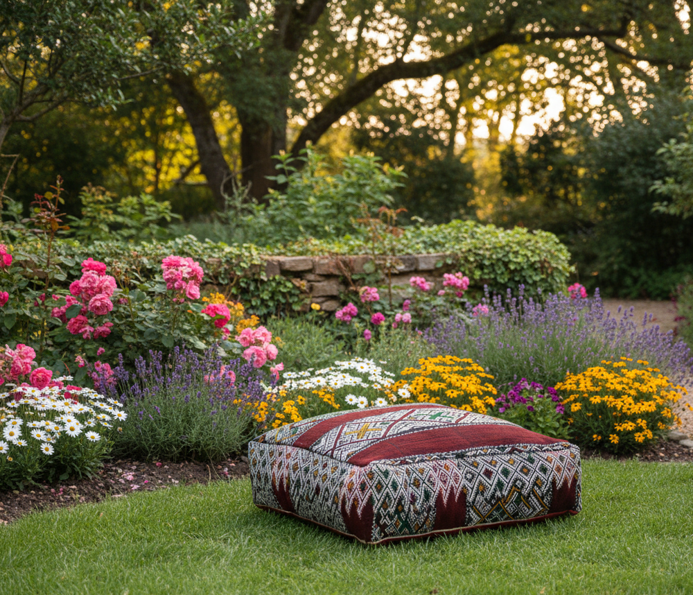 view of vintage Moroccan kilim pouf burgundy multi in english garden