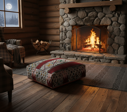 view of vintage Moroccan kilim pouf burgundy multi in log cabin in front of fireplace